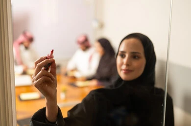 The writing style in meetings, acceptance and approval between companies, work development and problem-solving, integrating modern technology with work, studying and analyzing new projects, exchanging experiences and ideas, workshops and training, conducting a meeting for a team of Saudi Gulf Arab workers within the company premises.