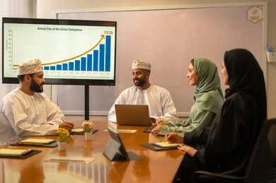 Organizing and managing the work concept schedule, a comfortable work environment in the Omani company, explaining the required tasks with happiness and love, cooperation and understanding among the team, exchanging experiences and successful agreements, a portrait of Arab Omani Gulf colleagues in a meeting to study statistical data, analyzing charts.