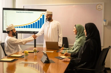 Organizing and managing the work concept schedule, a comfortable work environment in the Omani company, explaining the required tasks with happiness and love, cooperation and understanding among the team, exchanging experiences and successful agreements, a portrait of Arab Omani Gulf colleagues in a meeting to study statistical data, analyzing charts.