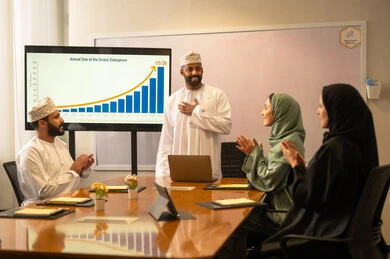 التعاون والتفاهم بين الفريق, تبادل الخبرات والاتفاقيات الناجحة,تنظيم وادارة جدول مفهوم العمل, بيئة العمل المريحة في الشركة عمانية, شرح المهام المطلوبة بسعادة وحب,  بورتريه لزملاء عمل عرب عمانيين خليجيين في اجتماع لدراسة البيانات الاحصائية ،تحليل الرسوم البيانية