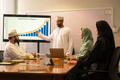 تنظيم وادارة جدول مفهوم العمل, بيئة العمل المريحة في الشركة عمانية, شرح المهام المطلوبة بسعادة وحب, التعاون والتفاهم بين الفريق, تبادل الخبرات والاتفاقيات الناجحة, بورتريه لزملاء عمل عرب عمانيين خليجيين في اجتماع لدراسة البيانات الاحصائية ،تحليل الرسوم البيانية