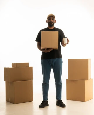 Listening with hot drinks, delivering orders to homes, arranging and organizing the house, a portrait of an Arab Gulf Saudi man wearing casual attire delivering boxes of household items, owning a new home and family stability, modern housing and ownership, full-body image, white background.