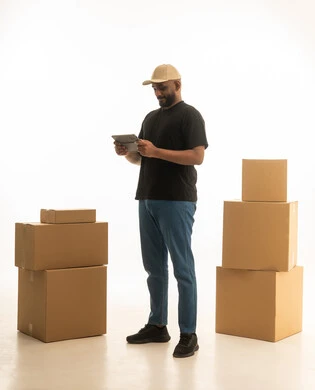 تصفح وسائل التواصل الاجتماعي ، استخدام اجهزه وتقنيات حديثه ، توصيل الطلبات للمنازل ،ترتيب وتنظيم المنزل، بورتريه لرجل عربي خليجي سعودي يرتدي الزى الكاجوال يقوم  بتوصيل صناديق الأغراض المنزلية يمسك بيده جهاز التابلت ، امتلاك سكن جديد والاستقرار العائلي، اسكان وتمليك حديث ، صورة الجسم بالطول الكامل، خلفية بيضاء