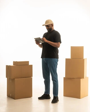 Home delivery of orders, organizing and arranging the house, using modern devices and technologies, browsing social media, a portrait of a Gulf Arab Saudi man wearing casual attire delivering boxes of household items while holding a tablet, owning a new home and family stability, modern housing and ownership, full-body image, white background.