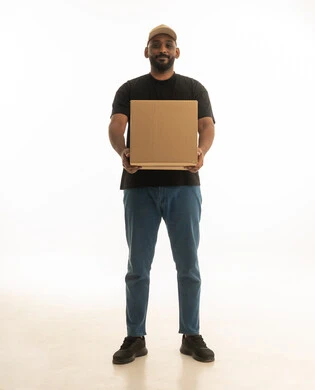 Fast delivery services, reliable shipping and delivery process, ordering and receiving delivery, portrait of an Arab Saudi Gulf man wearing casual attire working in delivering orders and goods to customers, online shopping and online orders, white background.