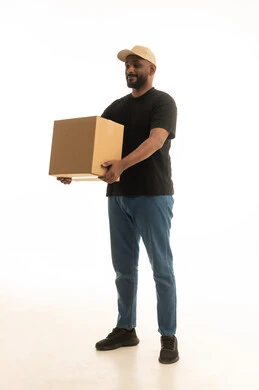 Delivery request and receipt, reliable shipping and delivery process, express delivery services, portrait of an Arab Saudi Gulf man wearing casual attire working in delivering orders and goods to customers, online shopping and online orders, white background.