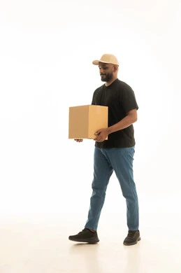 Delivery request and receipt, reliable shipping and delivery process, express delivery services, portrait of an Arab Saudi Gulf man wearing casual attire working in delivering orders and goods to customers, online shopping and online orders, white background.