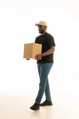 Reliable shipping and delivery process, fast delivery services, ordering and receiving delivery, portrait of an Arab Saudi Gulf man wearing casual attire working in delivering orders and goods to customers, online shopping and online orders, white background.