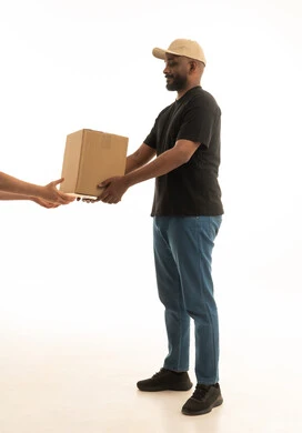 Delivery request and receipt, reliable shipping and delivery process, fast delivery services, portrait of an Arab Saudi Gulf man wearing casual attire working in delivering orders and goods to customers, online shopping and online orders, white background.