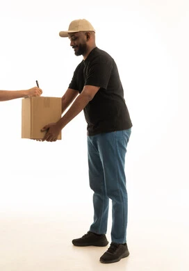 Reliable shipping and delivery process, fast delivery services, ordering and receiving delivery, portrait of an Arab Saudi Gulf man wearing casual attire working in delivering orders and goods to customers, online shopping and online orders, white background.