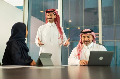 الوحدة والعمل الجماعي، تطوير العمل وحل المشكلات، اجراء اجتماع لفريق عمل عرب خليجيين سعوديين داخل مقر الشركة، دراسة وتحليل المشاريع الجديدة، ورش عمل وتدريب، استخدام جهاز تقني حديث، مهنة ووظيفة سعودية مكتبية
