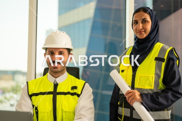 النظر الى الكاميرا بتعابير السرور ، استخدام جهاز الحاسوب المحمول في انجاز الاعمال الهندسية،الوحدة والعمل الجماعي لتحقيق اهداف الشركه ، الشركات المختصة بورشات البناء والمقاولات، تصميم وتخطيط المخططات المعمارية،مهندس و مهندسة عربيتان خليجيان سعوديان يرتديان سترة وقاية
