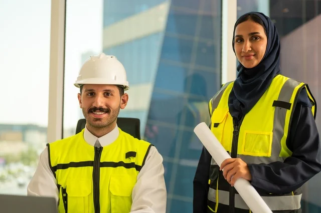Looking at the camera with expressions of joy, using a laptop to accomplish engineering tasks, unity and teamwork to achieve the company's goals, companies specialized in construction workshops and contracting, designing and planning architectural plans, an Arab Gulf engineer and engineer from Saudi Arabia wearing a safety vest.