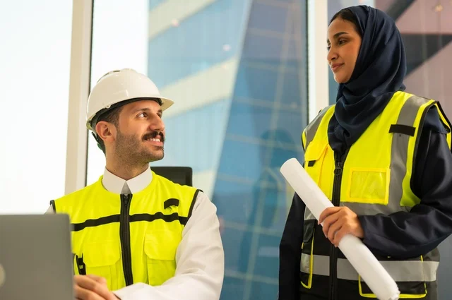 استخدام جهاز الحاسوب المحمول في انجاز الاعمال الهندسية،الوحدة والعمل الجماعي لتحقيق اهداف الشركه ، الشركات المختصة بورشات البناء والمقاولات، تصميم وتخطيط المخططات المعمارية،مهندس و مهندسة عربيتان خليجيان سعوديان يرتديان سترة وقاية يقومان بالعمل داخل مكتب هندسي