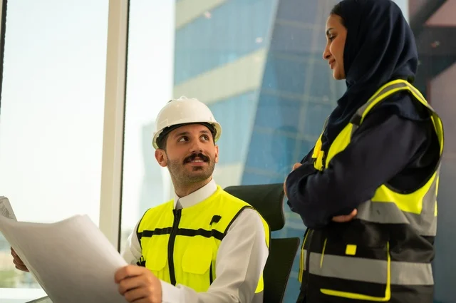 انجاز الاعمال الهندسية،الوحدة والعمل الجماعي لتحقيق اهداف الشركه ، الشركات المختصة بورشات البناء والمقاولات، تصميم وتخطيط المخططات المعمارية،مهندس و مهندسة عربيتان خليجيان سعوديان يرتديان سترة وقاية يقومان بالمناقشة وتبادل الخبرات