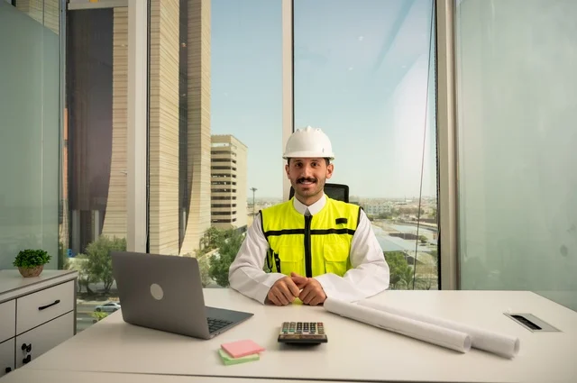 A proud look at the camera, checking and reviewing engineering plans, integrating technology with engineering, the concept of engineering and construction, a smiling Saudi Arabian Gulf engineer wearing traditional thobe and work jacket sitting at a desk next to a laptop and engineering plans