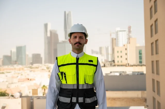 Working in the engineering field, standing proudly and looking at the camera, a close-up of a smiling Saudi Arabian Gulf engineer wearing a work jacket and a white protective helmet, interest in urban development by the hands of Saudi engineers, a background of towers and skyscrapers in the city of Riyadh