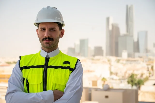Taking care of urban development with the hands of Saudi engineers, standing proudly and looking at the camera, a smiling Saudi Arabian Gulf engineer wearing a work jacket and a white protective helmet, crossed hand gestures, background of towers and skyscrapers in the city of Riyadh
