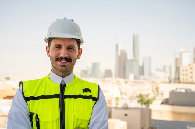 Working in the engineering field, standing proudly and looking at the camera, a close-up of a smiling Saudi Arabian Gulf engineer wearing a work jacket and a white protective helmet, interest in urban development by the hands of Saudi engineers, a background of towers and skyscrapers in the city of Riyadh