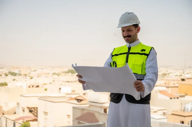 مفهوم وادرة المشاريع وتدقيقها، الأشراف على العمل لمتابعة سير المشاريع وتنفيذها، صورة جانبية لمهندس عربي خليجي سعودي يرتدي الثوب التقليدي والسترة الخاصة وخوذة الحماية يحمل مخطط هندسي، خلفية أبراج وناطحات سحاب