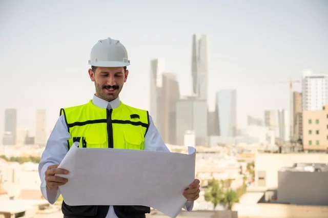 Urban development and growth at the hands of the nation's engineers, the concept of supervision and auditing of work to follow up on the progress of projects and their implementation, a side view of a Saudi Arabian Gulf engineer wearing traditional clothing, a special jacket and a protective helmet, holding and reading an engineering plan, a background of towers and skyscrapers
