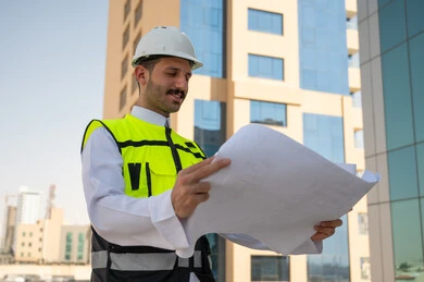 Supervising and auditing work to follow up on the progress of projects and their implementation, the concept of engineering project management, a side view of a Saudi Arabian Gulf engineer wearing traditional clothing, a special jacket and a protective helmet, holding and reading an engineering plan with gestures of thinking and planning, a background of a tower and skyscrapers
