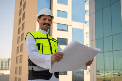 التطور والنمو العمراني على ايدي مهندسين الوطن، مفهوم الأشراف والتدقيق على العمل لمتابعة سير المشاريع وتنفيذها، صورة جانبية لمهندس عربي خليجي سعودي يرتدي الثوب التقليدي والسترة الخاصة وخوذة الحماية يحمل ويقرأ مخطط هندسي، خلفية أبراج وناطحات سحاب