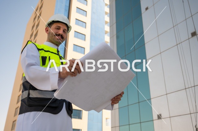 الأشراف والتدقيق على العمل لمتابعة سير المشاريع وتنفيذها، مفهوم أدارة المشاريع الهندسية، صورة جانبية لمهندس عربي خليجي سعودي يرتدي الثوب التقليدي والسترة الخاصة وخوذة الحماية يحمل ويقرأ مخطط هندسي بإيماءات التفكير والتخطيط، خلفية برج وناطحات سحاب