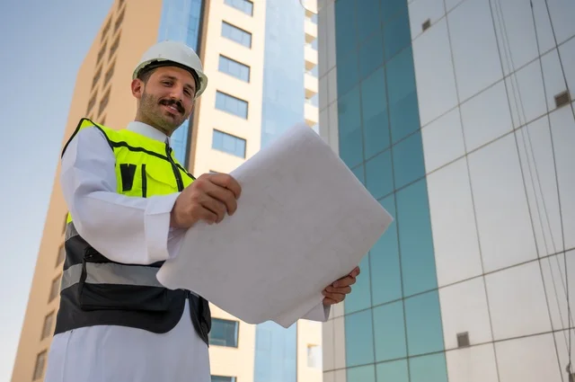 الأشراف والتدقيق على العمل لمتابعة سير المشاريع وتنفيذها، مفهوم أدارة المشاريع الهندسية، صورة جانبية لمهندس عربي خليجي سعودي يرتدي الثوب التقليدي والسترة الخاصة وخوذة الحماية يحمل ويقرأ مخطط هندسي بإيماءات التفكير والتخطيط، خلفية برج وناطحات سحاب