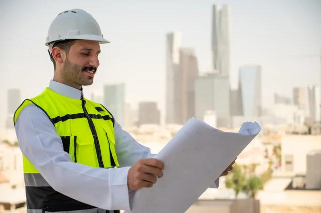  انجاز المهام اليومية لمتابعة سير المشاريع وتنفيذها، مفهوم أدارة المشاريع الهندسية، صورة جانبية لمهندس عربي خليجي سعودي يرتدي الثوب التقليدي والسترة الخاصة وخوذة الحماية يحمل ويقرأ مخطط هندسي، خلفية أبراج وناطحات سحاب في الرياض