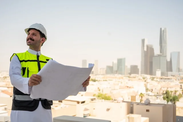  انجاز المهام اليومية لمتابعة سير المشاريع وتنفيذها، مفهوم أدارة المشاريع الهندسية، صورة جانبية لمهندس عربي خليجي سعودي يرتدي الثوب التقليدي والسترة الخاصة وخوذة الحماية يحمل ويقرأ مخطط هندسي، خلفية أبراج وناطحات سحاب في الرياض