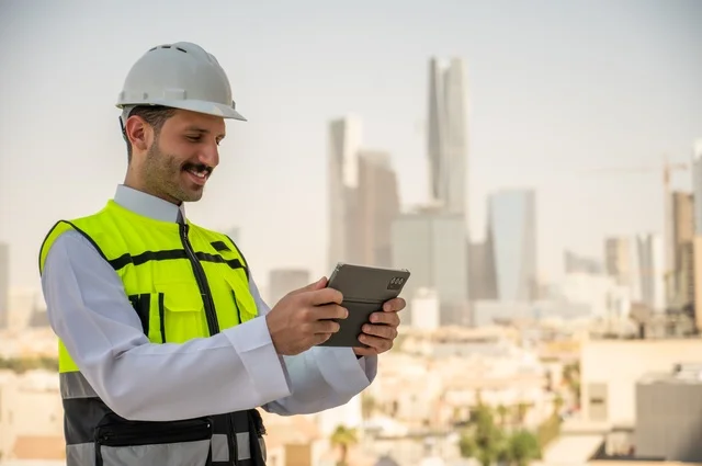 متابعة العمل حسب استراتيجية سير المشروع، تطور ونمو القطاع الهندسي في المملكة، الإعمار بسواعد أبناء الوطن، صورة جانبية لمهندس عربي خليجي سعودي يرتدي الثوب التقليدي والسترة الخاصة وخوذة الحماية يقف ويمسك الهاتف المحمول، خلفية أبراج وناطحات سحاب