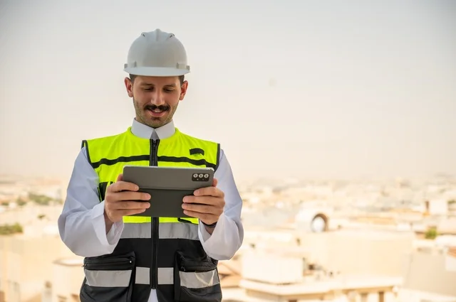 تطور ونمو القطاع الهندسي في المملكة، الإعمار بسواعد أبناء الوطن، مهندس عربي خليجي سعودي يرتدي الثوب التقليدي والسترة الخاصة وخوذة الحماية يقف ويمسك الهاتف المحمول يتابع العمل حسب استراتيجية سير العمل،مفهوم الهندسة والانشاءات المعمارية، خلفية أبراج وناطحات سحاب