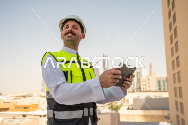   نمو القطاع الهندسي في المملكة،  تقدم وتطور الهندسة المعمارية على ايدي المبدعين أبناء الوطن،مهندس عربي خليجي سعودي يرتدي الثوب التقليدي والسترة الخاصة وخوذة الحماية يقف ويمسك الهاتف المحمول يتابع العمل حسب استراتيجية سير المشروع، خلفية أبراج وناطحات سحاب