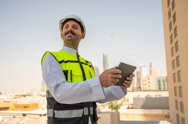   نمو القطاع الهندسي في المملكة،  تقدم وتطور الهندسة المعمارية على ايدي المبدعين أبناء الوطن،مهندس عربي خليجي سعودي يرتدي الثوب التقليدي والسترة الخاصة وخوذة الحماية يقف ويمسك الهاتف المحمول يتابع العمل حسب استراتيجية سير المشروع، خلفية أبراج وناطحات سحاب