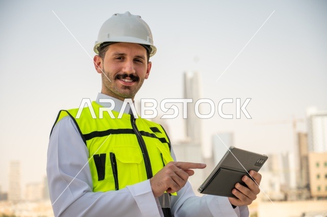 متابعة العمل حسب استراتيجية سير المشروع، تطور ونمو القطاع الهندسي في المملكة، الإعمار بسواعد أبناء الوطن، صورة جانبية لمهندس عربي خليجي سعودي يرتدي الثوب التقليدي والسترة الخاصة وخوذة الحماية يقف ويمسك الهاتف المحمول، خلفية أبراج وناطحات سحاب