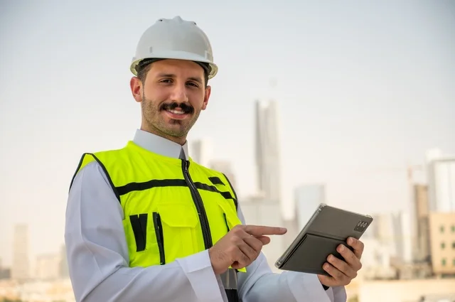 متابعة العمل حسب استراتيجية سير المشروع، تطور ونمو القطاع الهندسي في المملكة، الإعمار بسواعد أبناء الوطن، صورة جانبية لمهندس عربي خليجي سعودي يرتدي الثوب التقليدي والسترة الخاصة وخوذة الحماية يقف ويمسك الهاتف المحمول، خلفية أبراج وناطحات سحاب