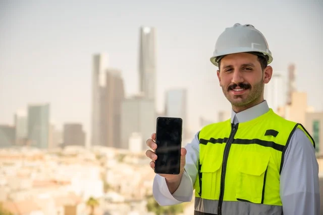 Advancement and development of architecture at the hands of creative sons of the nation, growth of the engineering sector in the Kingdom, a Saudi Arabian Gulf engineer wearing traditional clothing, a special jacket and a protective helmet stands and holds a mobile phone following up on work according to the project progress strategy, background of towers and skyscrapers
