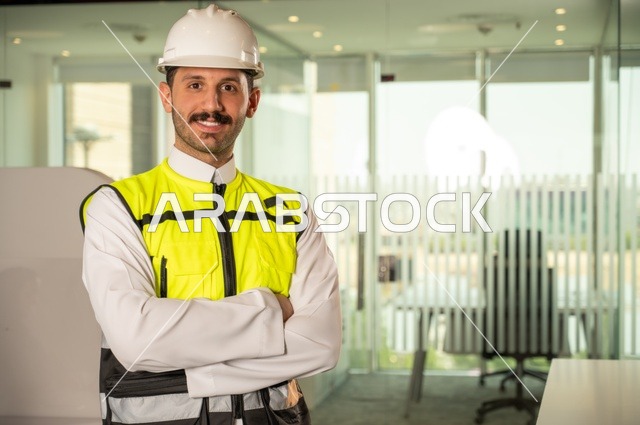  الوقوف بفخر واعتزاز والنظر إلى الكاميرا, التطور العمراني بسواعد المهندسين السعوديين، صورة مقربة لمهندس عربي خليجي سعودي مبتسم يرتدي سترة العمل وخوذة الحماية البيضاء,ايماءات أيدي متقاطعة, خلفية داخل مكتب هندسي