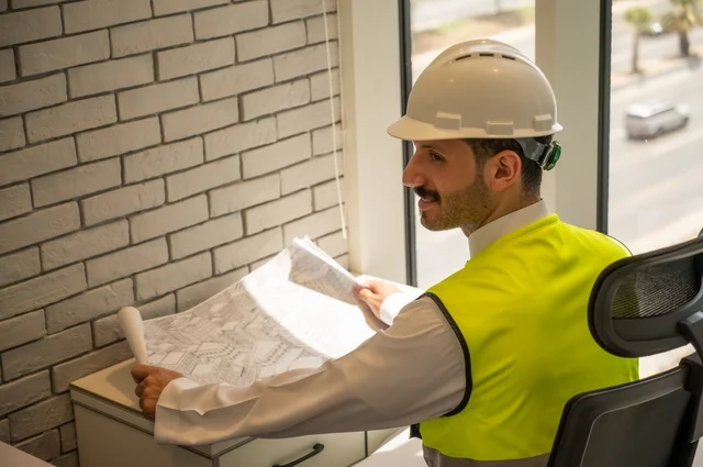 صورة جانبية مقربة لمهندس عربي خليجي سعودي يرتدي الثوب التقليدي والسترة والخوذة الخاصة بالعمل يجلس على المكتب ويمسك بيده المخطط الهندسي، متابعه وتدقيق سير المشروع, مفهوم الهندسة والإنشاءات، ، إكمال رسم مخطوطات البناء