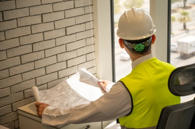 متابعه وتدقيق سير المشروع, مفهوم الهندسة والإنشاءات، صورة خلفية مقربة لمهندس عربي خليجي سعودي يرتدي الثوب التقليدي والسترة والخوذة الخاصة بالعمل يجلس على المكتب ويمسك بيده المخطط الهندسي ، إكمال رسم مخطوطات البناء