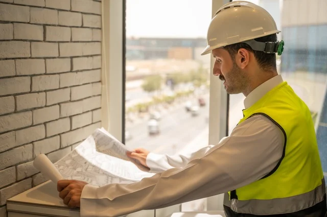 صورة جانبية مقربة لمهندس عربي خليجي سعودي يرتدي الثوب التقليدي والسترة والخوذة الخاصة بالعمل يجلس على المكتب ويمسك بيده المخطط الهندسي، متابعه وتدقيق سير المشروع, مفهوم الهندسة والإنشاءات، ، إكمال رسم مخطوطات البناء