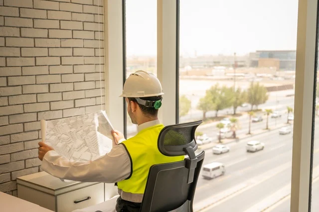 متابعه وتدقيق سير المشروع, مفهوم الهندسة والإنشاءات، صورة خلفية مقربة لمهندس عربي خليجي سعودي يرتدي الثوب التقليدي والسترة والخوذة الخاصة بالعمل يجلس على المكتب ويمسك بيده المخطط الهندسي ، إكمال رسم مخطوطات البناء