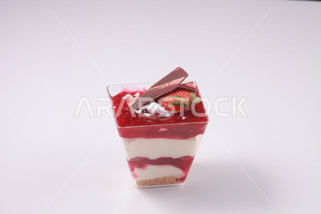 صورة مقربة لحلا بارد لذيذ ، حلا الفراولة الباردة مزينة بالشكولاتة و قطع الفراولة و كريمة الفانيلا ، حلويات سهلة بدون طهي ، أعياد ميلاد ، مناسبات سعيدة ، حلويات شهية