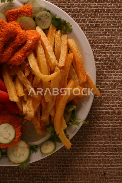 طبق من الدجاج المقرمش المغلف بالبقسماط ، قطع الدجاج المقلي ، دجاج بروست اللذيذ ، بطاطس مقلية  ، وجبات سريعة ساخنة 