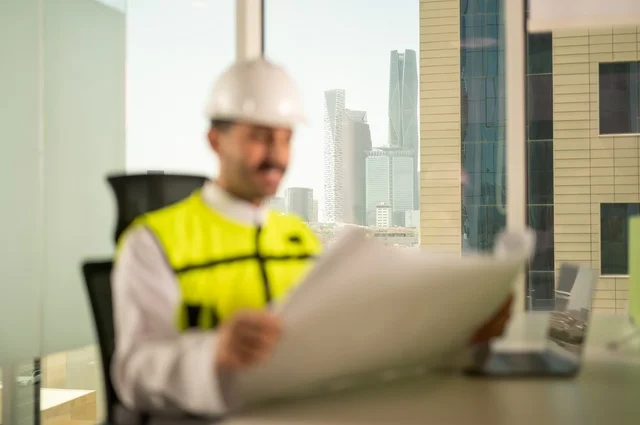 Following up and checking the engineering project plan, the concept of architecture, Saudi national construction projects, interest in urban development by the hands of Saudi engineers, a Saudi Gulf Arab engineer wearing a work jacket and a white protective helmet performing daily tasks in the office, Riyadh towers background