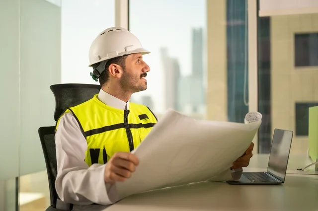متابعة مخطط المشروع الهندسي وتدقيقه, مفهوم الهندسة المعمارية، مشاريع إعمارية سعودية وطنية، الاهتمام بالتطور العمراني بسواعد المهندسين السعوديين, مهندس عربي خليجي سعودي يرتدي سترة العمل وخوذة الحماية البيضاء ينجز المهام اليومية في المكتب، خلفية أبراج الرياض