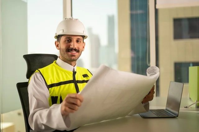Following up and checking the engineering project plan, the concept of architecture, Saudi national construction projects, interest in urban development by the hands of Saudi engineers, a Saudi Gulf Arab engineer wearing a work jacket and a white protective helmet performing daily tasks in the office, Riyadh towers background