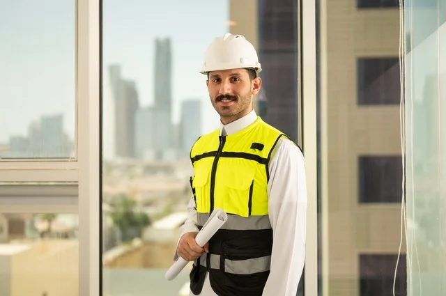 مفهوم الهندسة المعمارية، متابعة مخطط المشروع الهندسي وتدقيقه, مشاريع إعمارية سعودية وطنية، الاهتمام بالتطور العمراني بسواعد المهندسين السعوديين, مهندس عربي خليجي سعودي يرتدي سترة العمل وخوذة الحماية البيضاء ينجز المهام اليومية في المكتب، خلفية أبراج الرياض