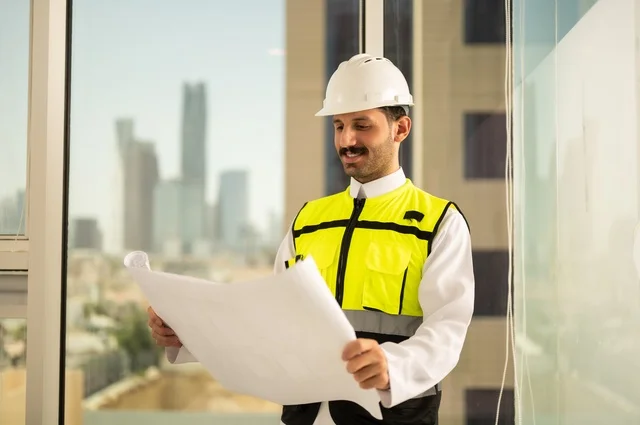 مفهوم الهندسة المعمارية، متابعة مخطط المشروع الهندسي وتدقيقه, مشاريع إعمارية سعودية وطنية، الاهتمام بالتطور العمراني بسواعد المهندسين السعوديين, مهندس عربي خليجي سعودي يرتدي سترة العمل وخوذة الحماية البيضاء ينجز المهام اليومية في المكتب، خلفية أبراج الرياض
